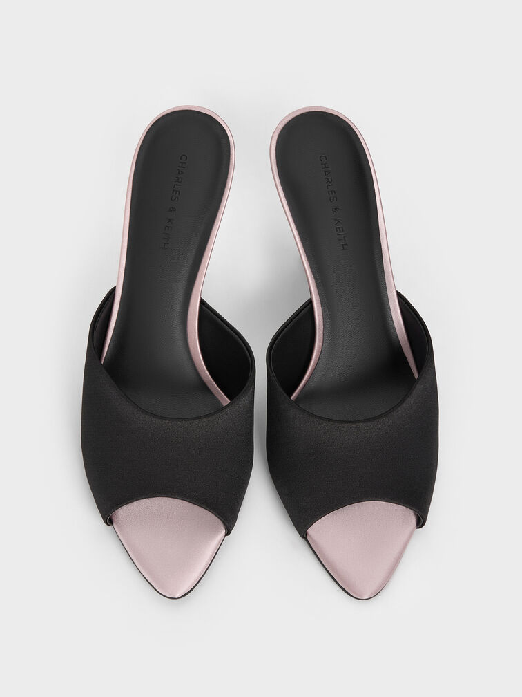 Valentina Satin Peep-Toe Stiletto Mules, Black Textured, hi-res