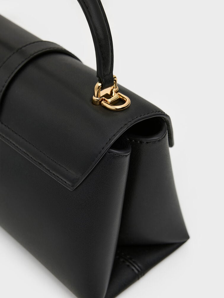 กระเป๋าถือดีไซน์สายโซ่ตกแต่งหัวเข็มขัดเมทัลลิครุ่น Adalyn, สีดำ, hi-res