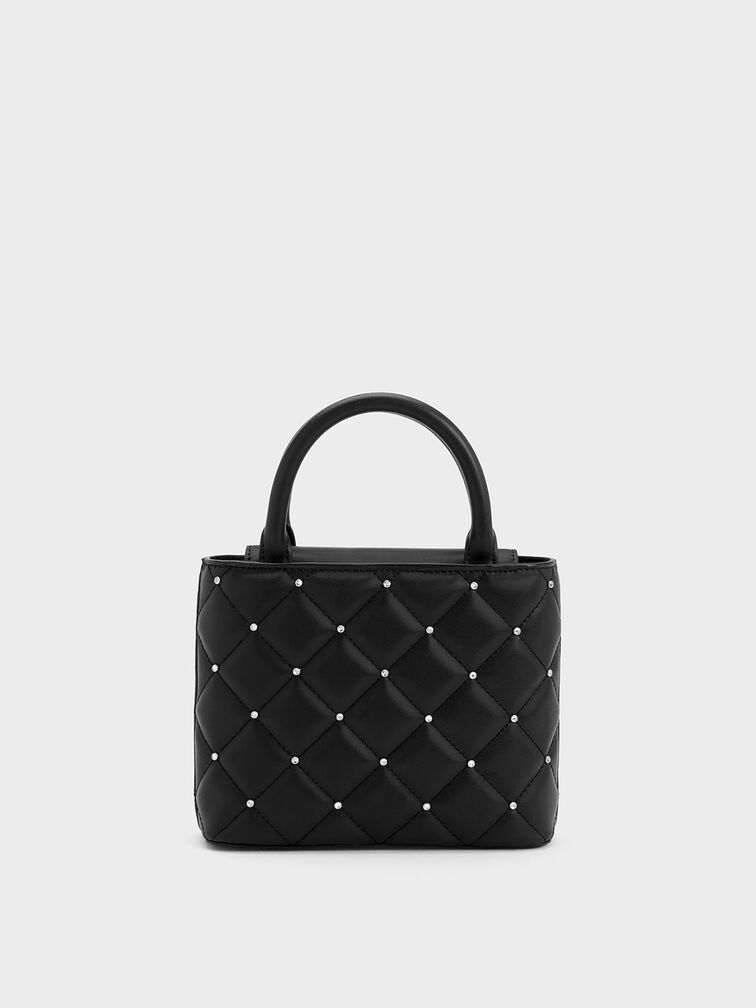 Gem-Embellished Padded Tote Bag, Black, hi-res