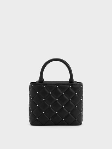 Gem-Embellished Padded Tote Bag, สีดำ, hi-res