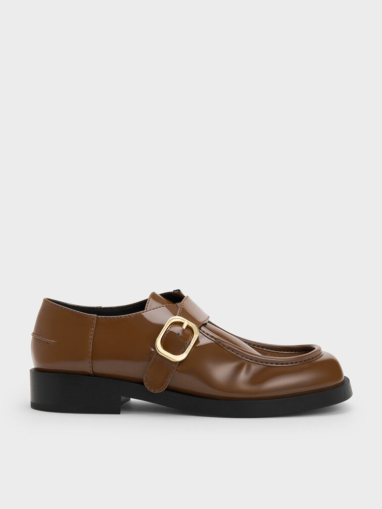 Buckled-Strap Loafers, Brown, hi-res