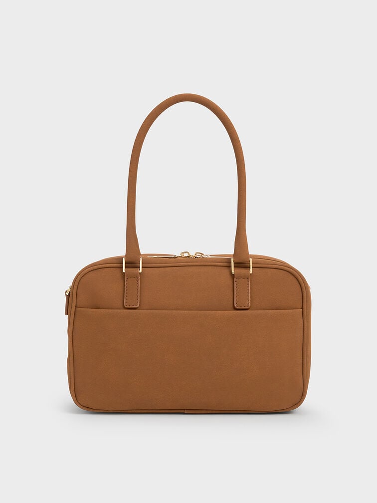 กระเป๋าทรงโบว์ลิ่งแบบมีเท็กซ์เจอร์รุ่น Sianna, สีน้ำตาล, hi-res