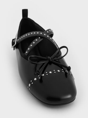 Studded Crossover-Strap Mary Jane Flats, Black Boxed, hi-res