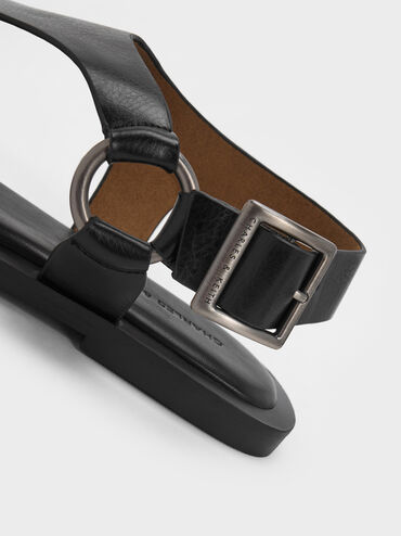 Wide-Strap Buckled Thong Sandals, Black, hi-res