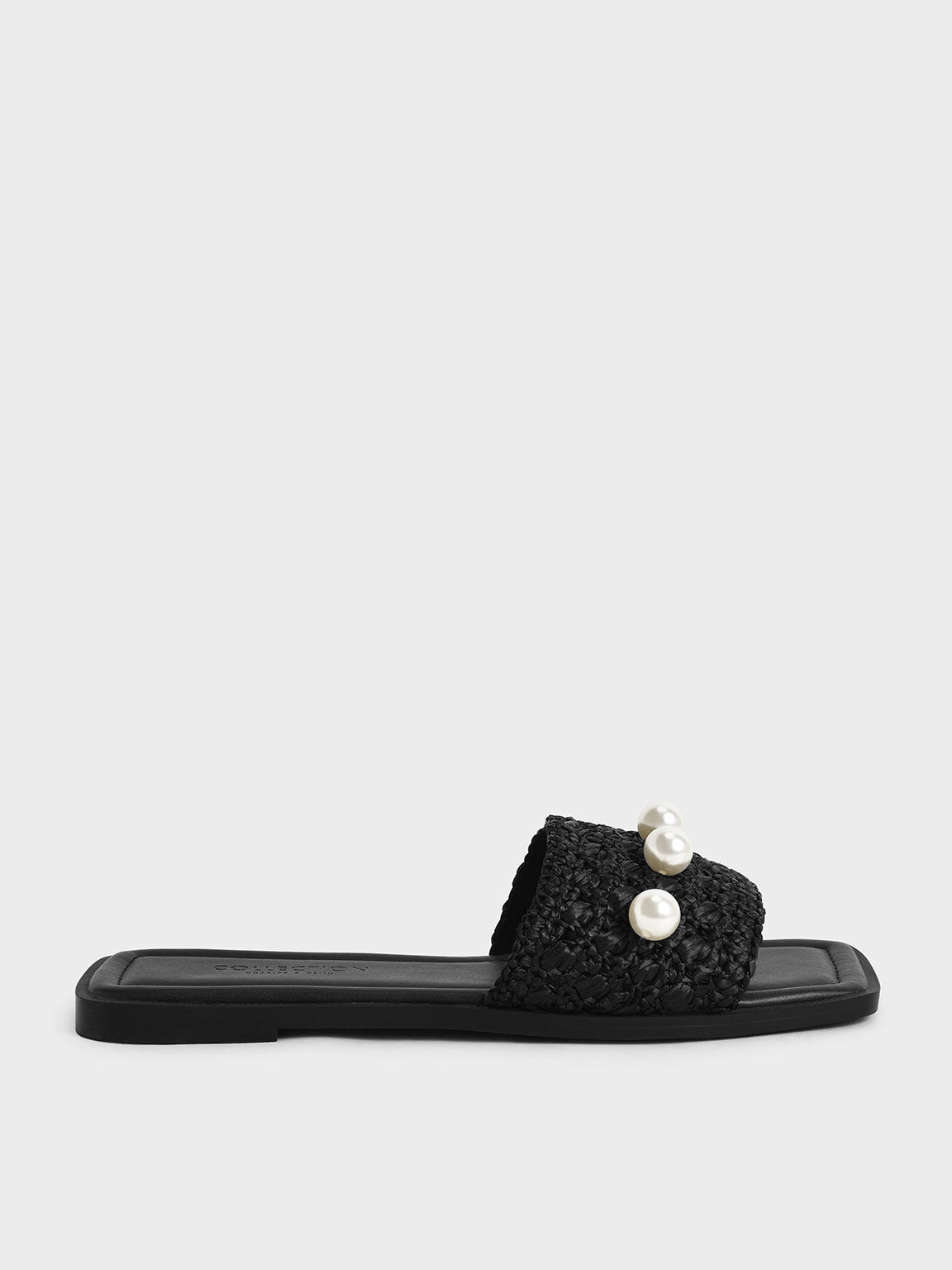 Beaded Raffia Slide Sandals, Black, hi-res