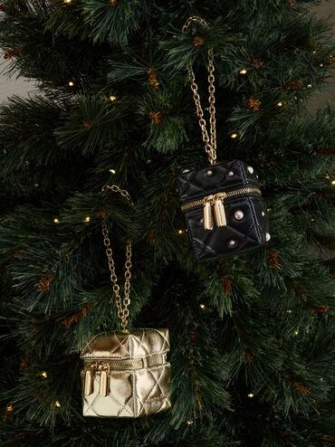 กระเป๋าเพาช์ขนาดไมโครดีไซน์ลายควิลท์ประดับมุกพร้อมสายโซ่รุ่น Janie, สีดำ, hi-res