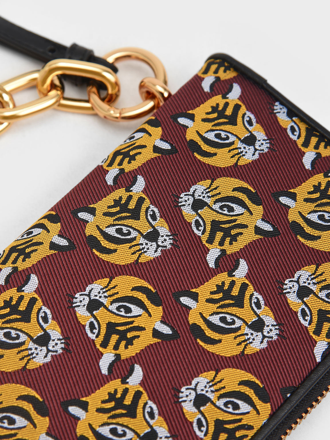 Tiger Print Chain Handle Long Wallet, Red, hi-res