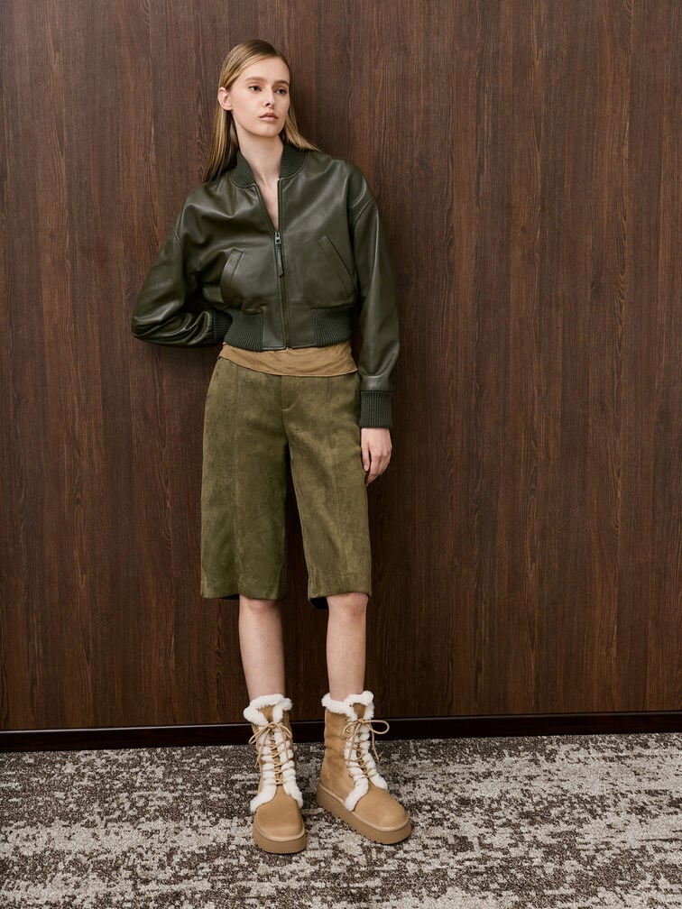 รองเท้าบูทแฟลตฟอร์มวัสดุหนังกลับสังเคราะห์ดีไซน์แบบพับขอบตกแต่งขนเฟอร์เทียม, สีแซนด์ รองเท้าบูทแฟลตฟอร์มวัสดุหนังกลับสังเคราะห์ดีไซน์แบบพับขอบตกแต่งขนเฟอร์เทียม, สีแซนด์, hi-res