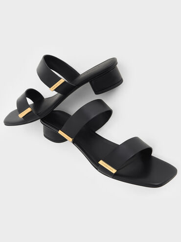 Metallic-Accent Double-Strap Heeled Sandals, Black, hi-res