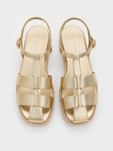 Metallic Caged Flatform Espadrille Sandals, Light Gold, hi-res