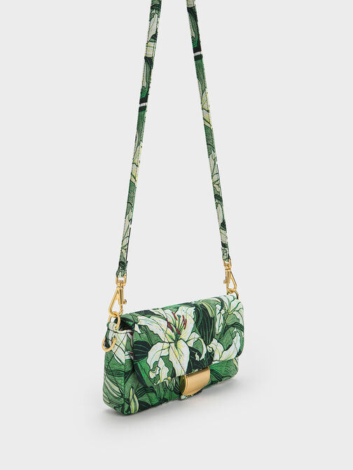Botanical Print Fabric Wrapped Handle Bag, สีเขียว, hi-res