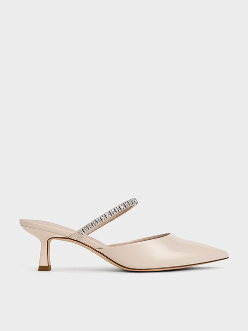 Ambrosia Gem-Embellished Pointed-Toe Mules, Cream, hi-res