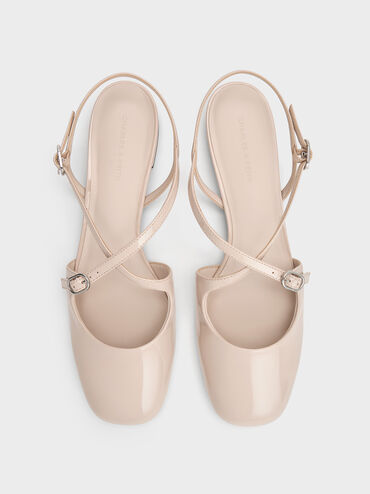 Patent Crossover Buckled Slingback Flats, Nude, hi-res