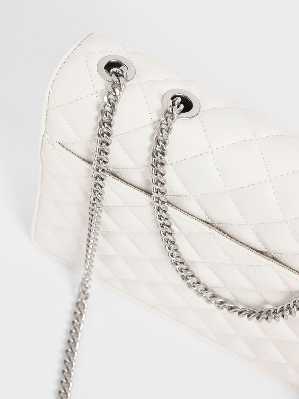 Quilted Chain Strap Shoulder Bag, White, hi-res