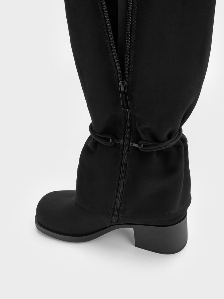 Faux Suede Tie-Around Knee-High Boots, Black Textured, hi-res