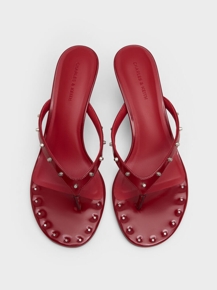 รองเท้าแตะหนีบส้นสูงประดับหมุดรุ่น Briella, สีแดง, hi-res