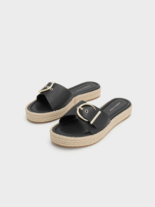 Buckled Espadrille Flat Sandals, สีดำ, hi-res