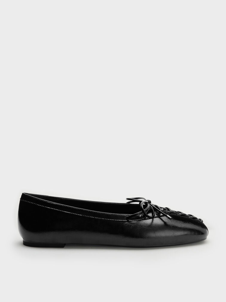 Lace-Up Bow Ballet Flats, Black, hi-res