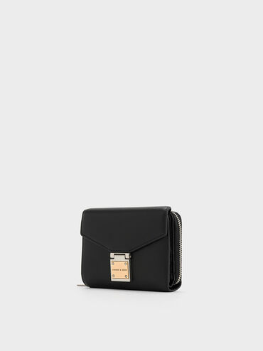 กระเป๋าสตางค์ตกแต่งด้วยเมทัลลิครุ่น Austen, สีดำอะไหล่สีเงิน, hi-res