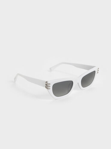 Recycled Acetate Metallic-Accent Angular Cat-Eye Sunglasses, White, hi-res