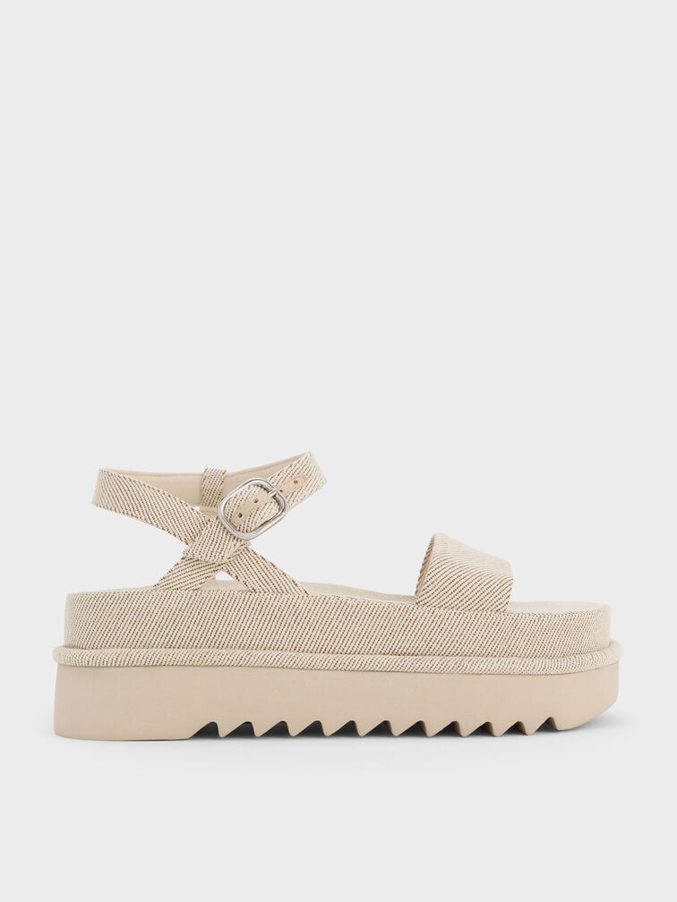 Twill Flatform Ankle-Strap Sandals, Beige, hi-res