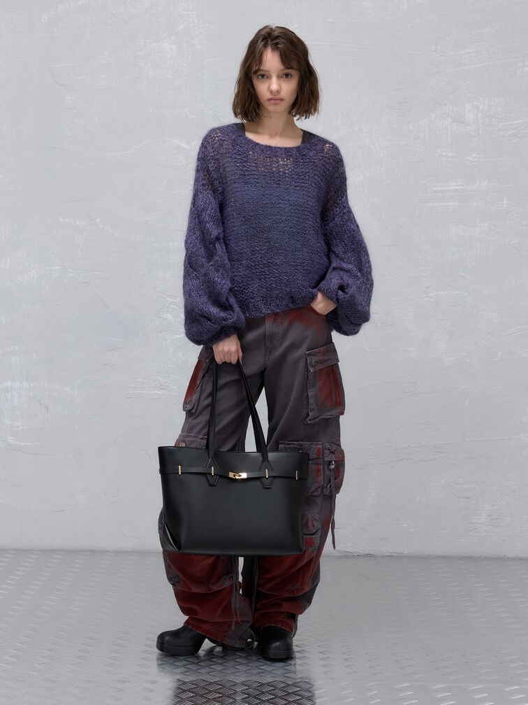 Arlet Double-Handle Belted Tote bag, Black, hi-res