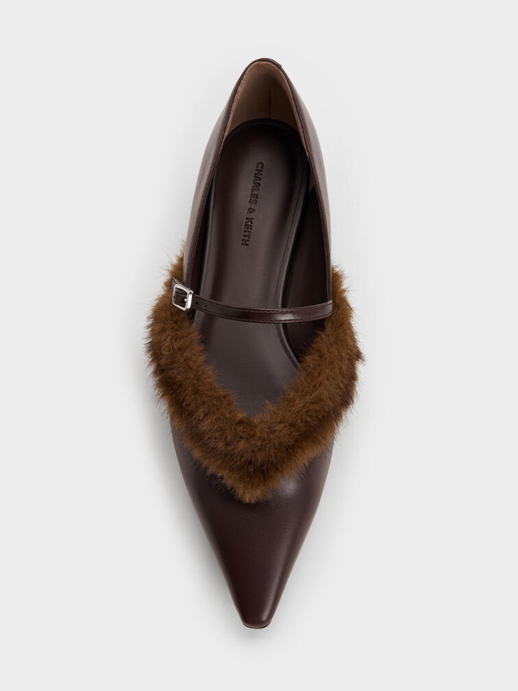 Emila Faux Suede Fur-Trim Pointed Mary Janes, Dark Brown, hi-res