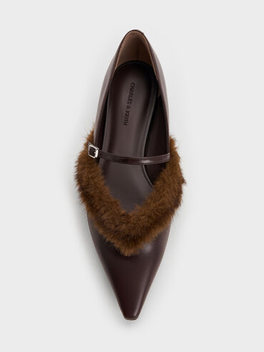 Emila Faux Suede Fur-Trim Pointed Mary Janes, Dark Brown, hi-res