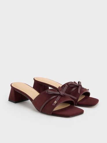 Leather & Suede Bow Heeled Mules, Burgundy, hi-res