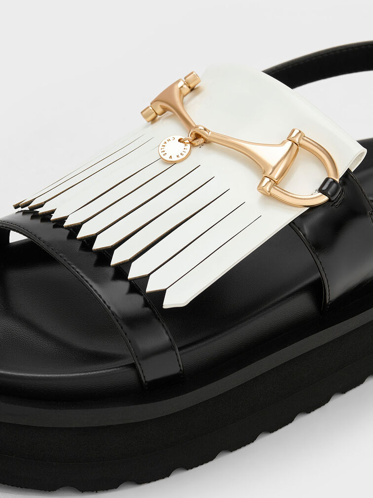 Horsebit & Fringe Platform Sandals, สีขาว, hi-res