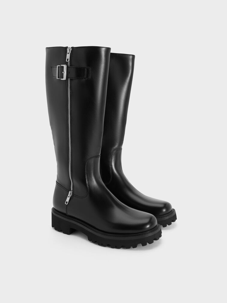 Lyndon Buckled Side-Zip Knee-High Boots, Black, hi-res
