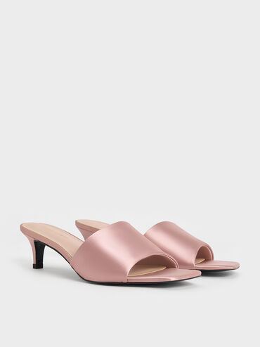 Satin Square-Toe Kitten-Heel Mules, Nude, hi-res
