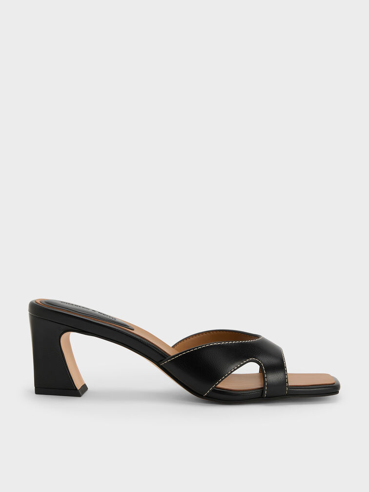 รองเท้าส้นสูงแบบเปิดส้นหัวรองเท้าแบบเหลี่ยมดีเทลคัตเอาท์, สีดำ, hi-res