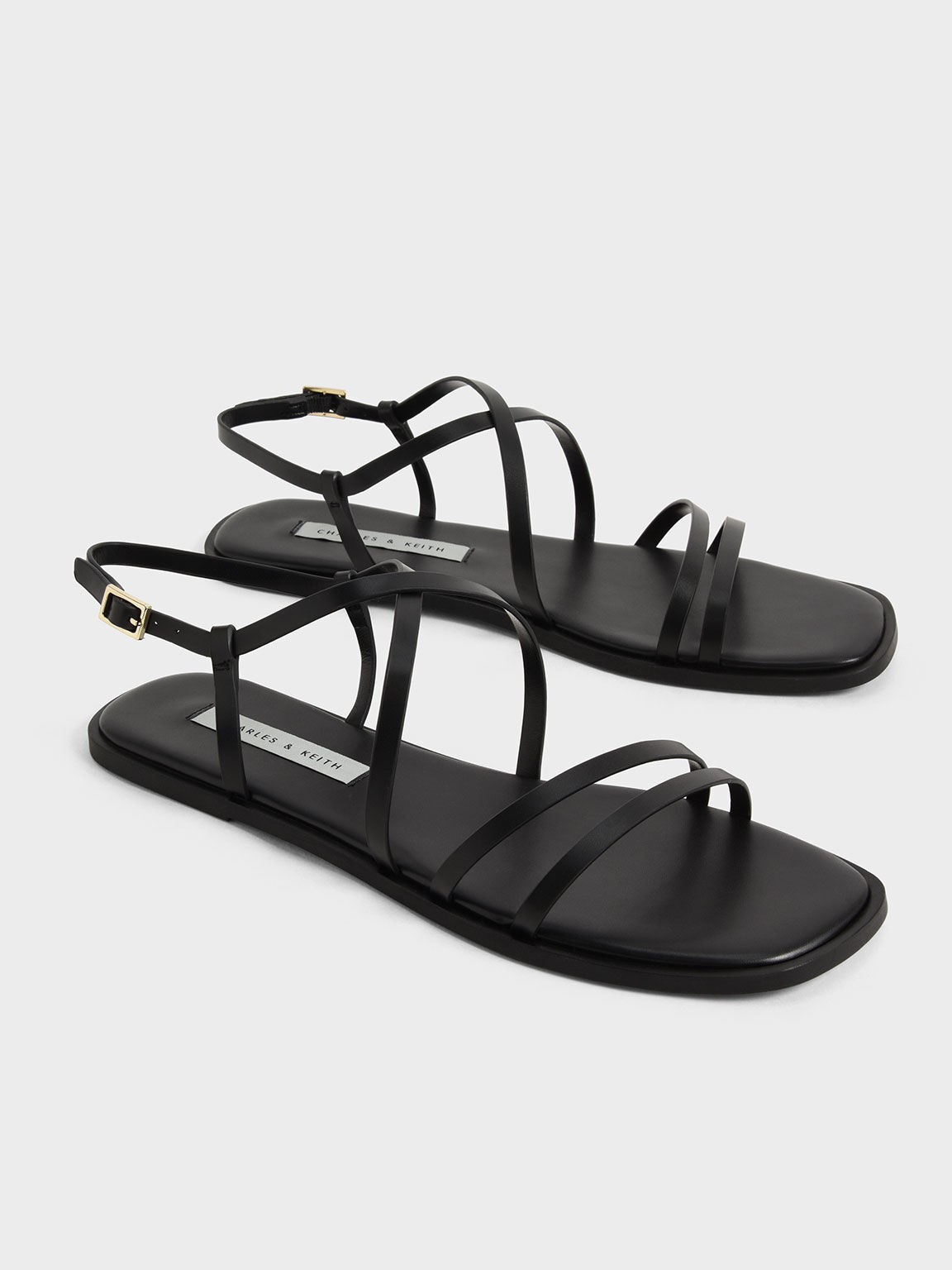 Strappy Flat Sandals, Black, hi-res