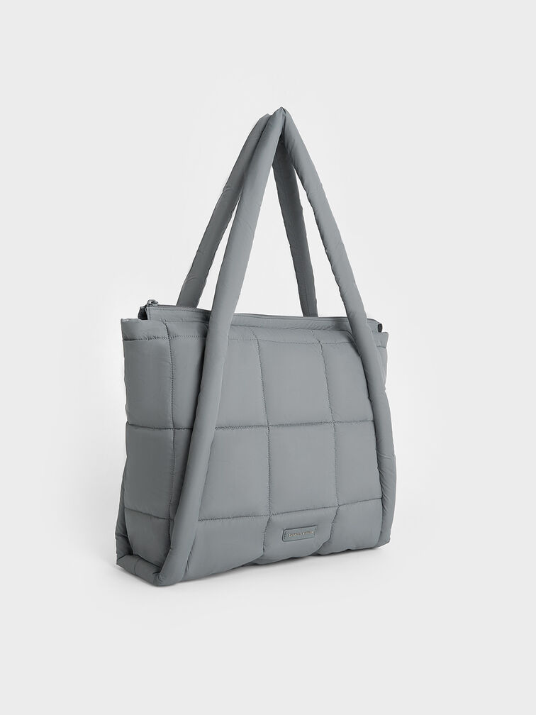 Errya Nylon Quilted Puffy Tote Bag, Grey, hi-res