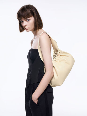 Large Ally Ruched Slouchy Bag, สีเบจ, hi-res