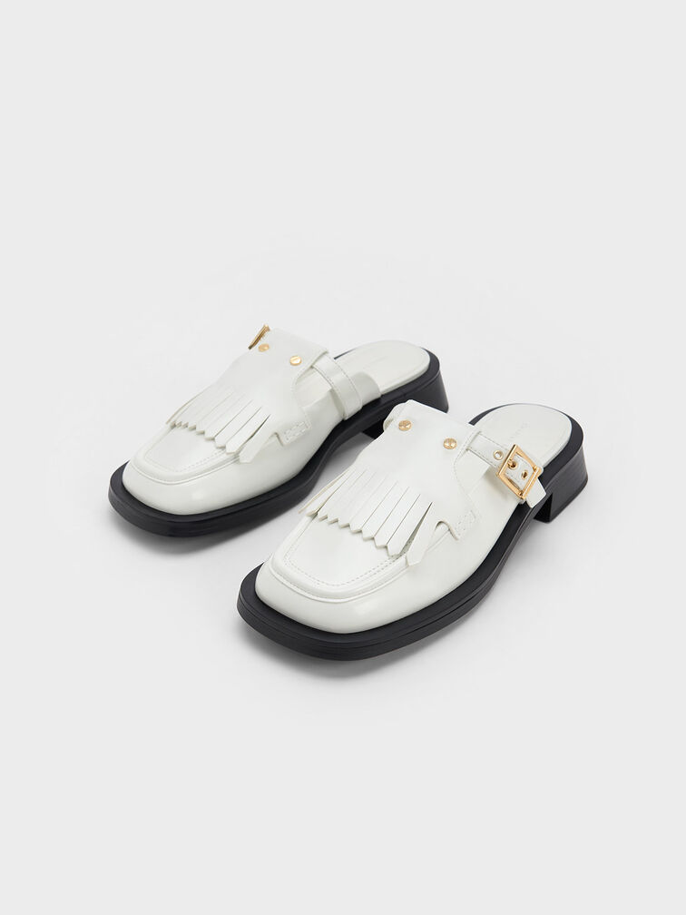 Studded Cut-Out Fringe Mules, White, hi-res