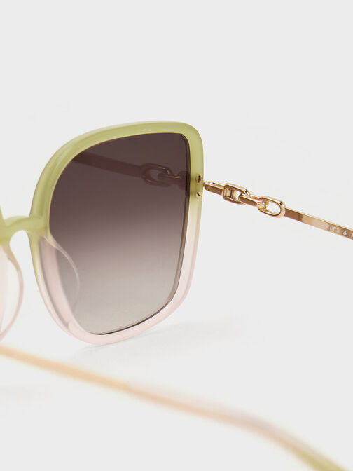 Oversized Square Chain-Link Sunglasses, สีเขียว, hi-res