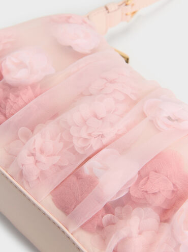 เซ็ตของขวัญ: กระเป๋าสะพายไหล่ดีเทลผ้าตาข่ายและดอกไม้พร้อมสายประดับมุก, สีชมพูอ่อน, hi-res