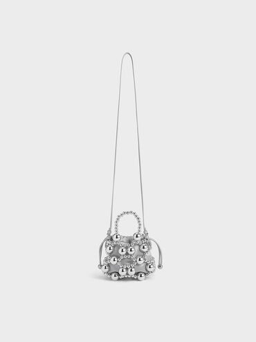 Metallic Beaded Top Handle Bag, Silver, hi-res