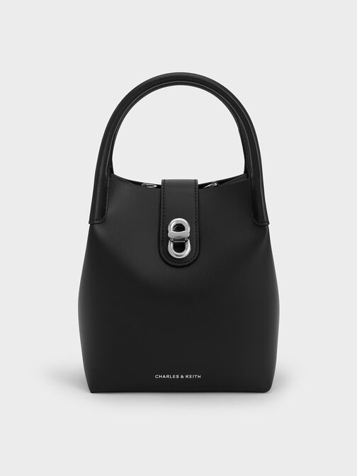 กระเป๋าทรงถังรุ่น Aubrielle, สีดำอะไหล่สีเงิน, hi-res