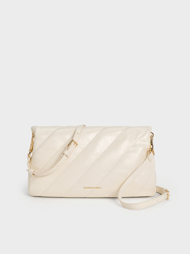กระเป๋าสะพายไหล่ดีไซน์ลายเส้นพร้อมสายโซ่รุ่น Fawn, สีครีม, hi-res