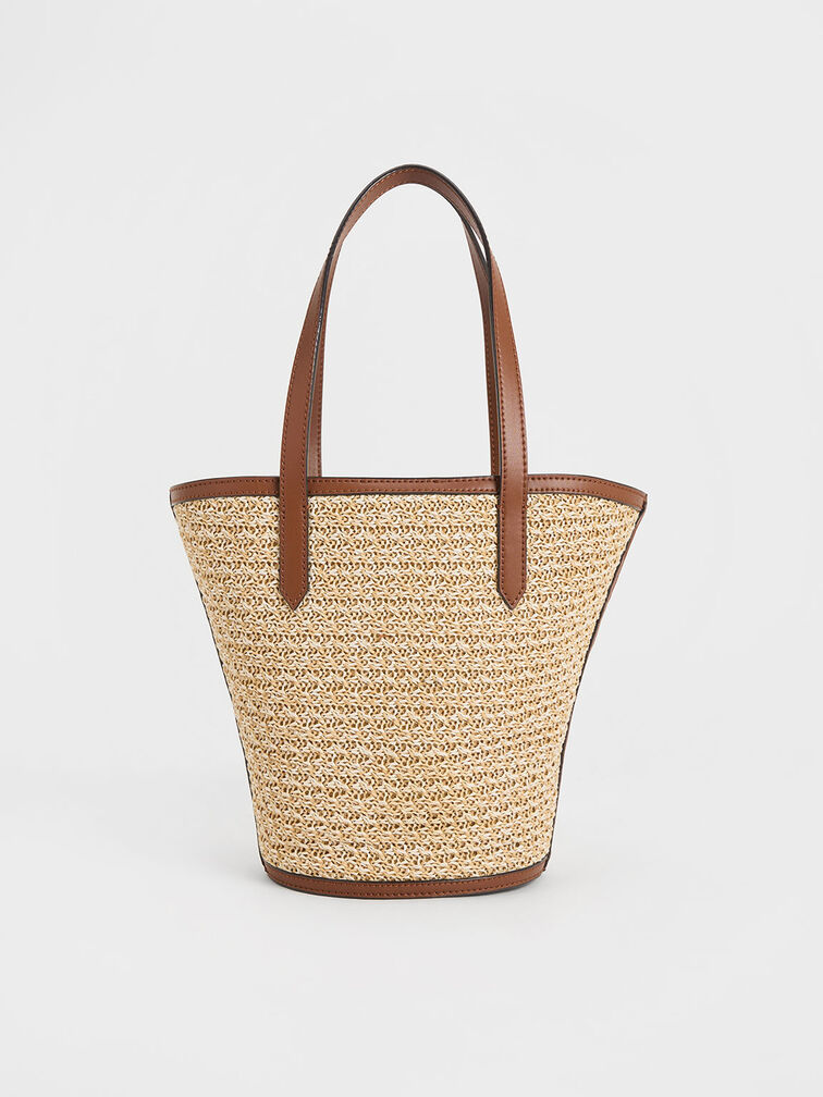 Sianna Raffia Scarf-Print Tote Bag, Camel, hi-res