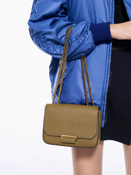 Sue Chain-Strap Shoulder Bag, Khaki, hi-res