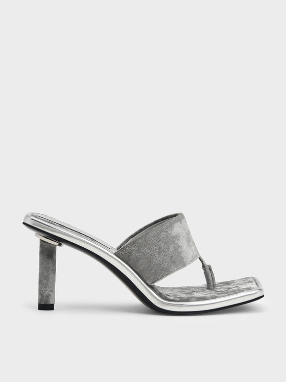 Holiday 2021 Collection: Etta Velvet Heeled Thong Sandals, Light Grey, hi-res
