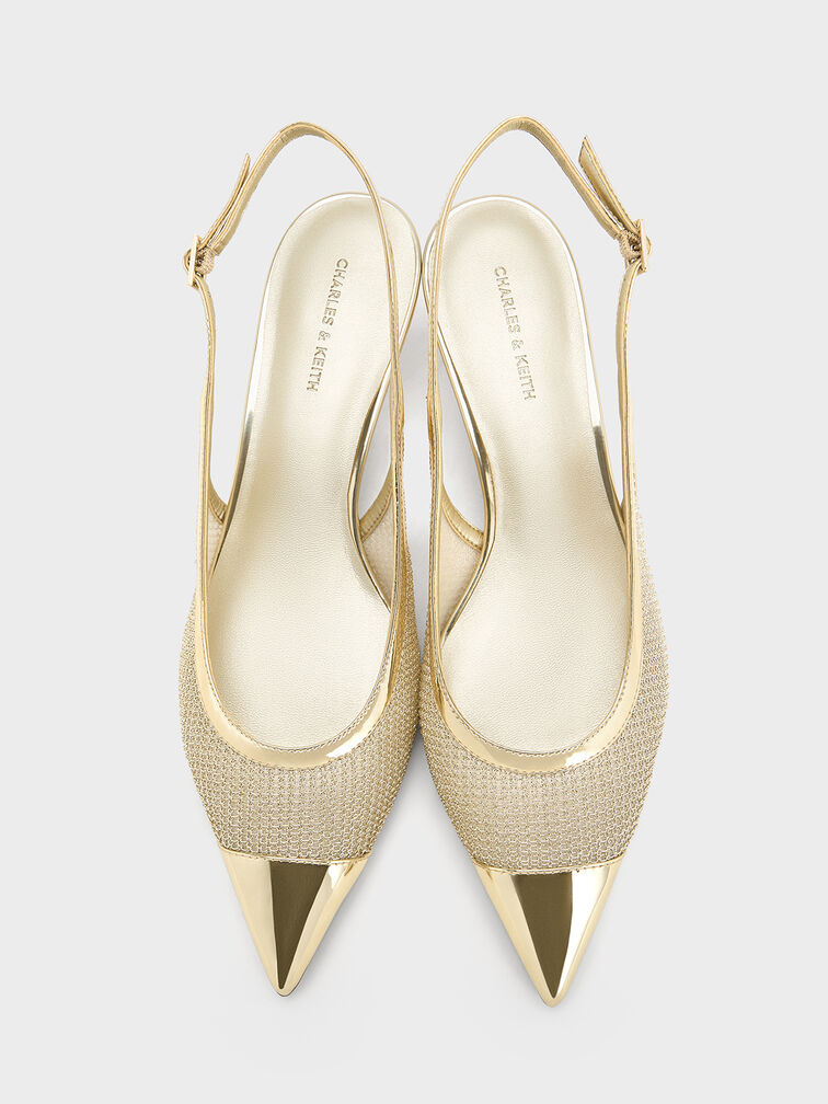 Mesh Metallic Cap-Toe Kitten-Heel Pumps, Gold, hi-res