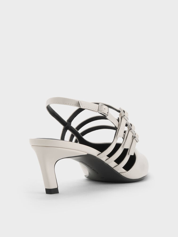 Triple-Strap Pointed-Toe Kitten-Heel Slingback Pumps, Chalk, hi-res