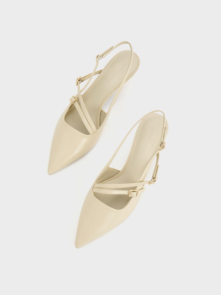 Buckle-Strap Kitten Heel Slingback Pumps, สีชอล์ค, hi-res