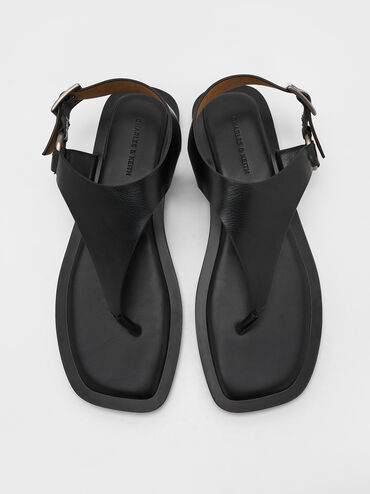 Wide-Strap Buckled Thong Sandals, Black, hi-res