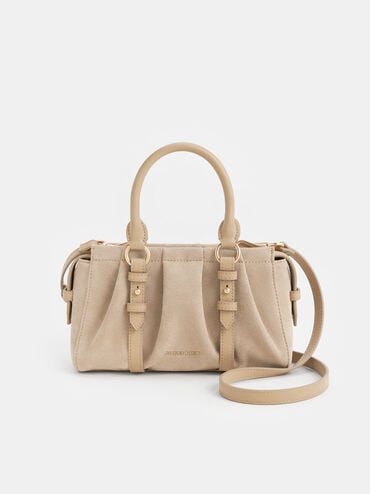 กระเป๋าโท้ทวัสดุหนังกลับรีไซเคิลจับจีบย่นรุ่น Britton, สีนัทเมกเบจ, hi-res